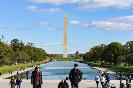 Editorial: Washington DC, USA - 10th November 2017. Washington Monument in the morning with blue sky and cloud.のeditorial素材