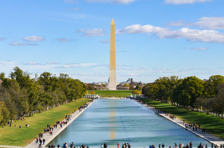 Editorial: Washington DC, USA - 10th November 2017. Washington Monument in the morning with blue sky and cloud.のeditorial素材