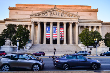 Editorial: Washington DC, USA - 10th November 2017. The Archives of The United States of America in the morning with blue sky background.のeditorial素材