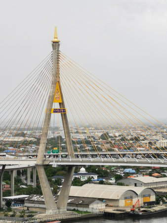 Bhumibol Bridge with river, cityscape view and cloudy sky in the morning.