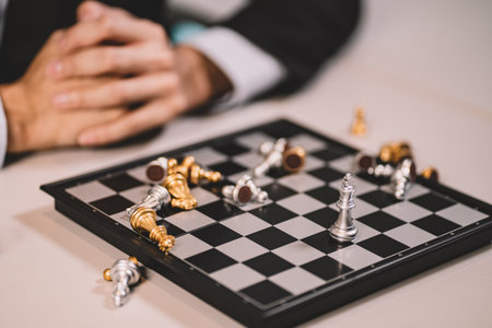 The competition challenge of business by chessboard. solution strategy game concept. Decision by leadership battle of intelligence and management for team success. Opportunity of move to the winner.の写真素材