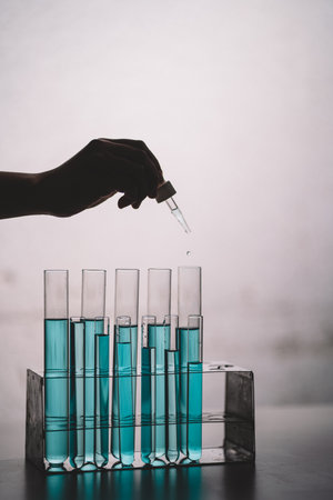 In laboratory contains tube, beaker, liquid, virus and samples. Liquid substance in equipment glassware for chemistry biology. development for analysis scientific. healthcare and medical concept.の写真素材