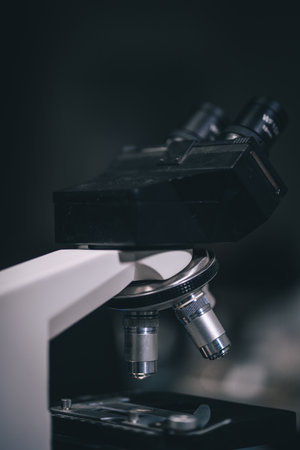 Microscope in laboratory science closeup research. Laboratory of biology by biotechnology for analysis, experiment, education and test.の写真素材
