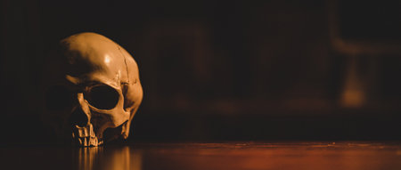à¸ºBanner background of human skull. The anatomical of the human skull showed teeth and skeletons. Feel the isolated, dark, dead face, horror and spooky concept.の写真素材