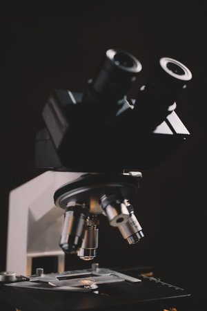 Microscope in laboratory science closeup research. Laboratory of biology by biotechnology for analysis, experiment, education and test.の写真素材