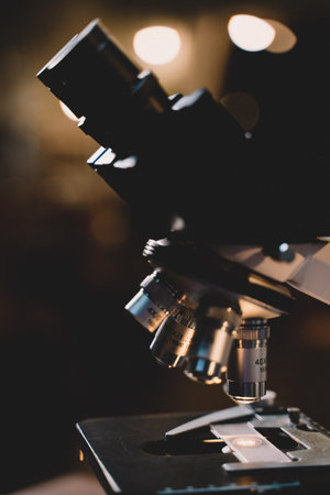 Microscope in laboratory science closeup research. Laboratory of biology by biotechnology for analysis, experiment, education and test.の写真素材