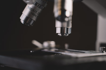 Microscope in laboratory science closeup research. Laboratory of biology by biotechnology for analysis, experiment, education and test.の写真素材