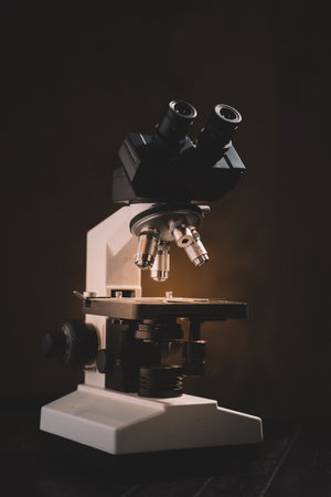 Microscope in laboratory science closeup research. Laboratory of biology by biotechnology for analysis, experiment, education and test.の写真素材