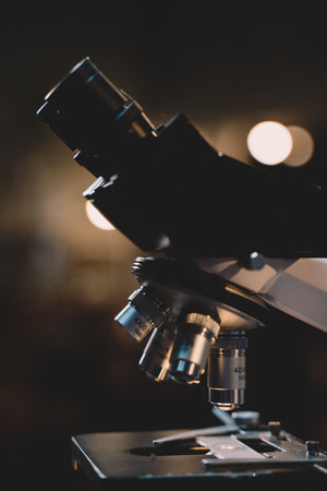 Microscope in laboratory science closeup research. Laboratory of biology by biotechnology for analysis, experiment, education and test.の写真素材