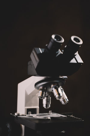 Microscope in laboratory science closeup research. Laboratory of biology by biotechnology for analysis, experiment, education and test.の写真素材