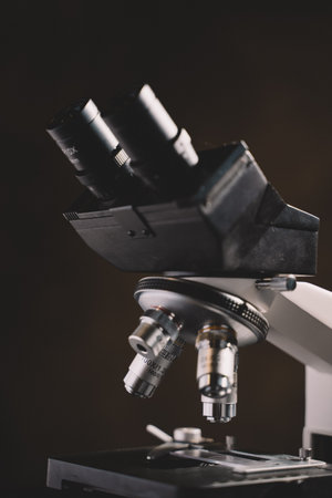 Microscope in laboratory science closeup research. Laboratory of biology by biotechnology for analysis, experiment, education and test.の写真素材