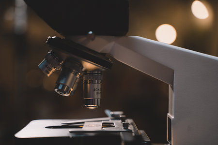 Microscope in laboratory science closeup research. Laboratory of biology by biotechnology for analysis, experiment, education and test.の写真素材