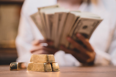Background of one person success in your life. She are rich. Women have money, cash, gold.の写真素材