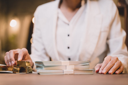 Background of one person success in your life. She are rich. Women have money, cash, gold.の写真素材