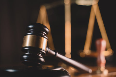 close-up of gavel or mallet of the judge, lawyer enforcement officers, evidence-based cases taken into account in the court abount business, legislation.の写真素材