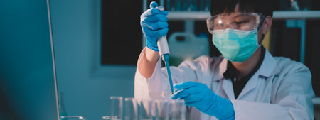scientist dripping substances of ecological skin care beauty products in night lab development...