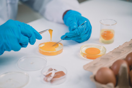 Researchers are studying nutrition, research and egg density. for freshness and cleanliness of eggsの写真素材