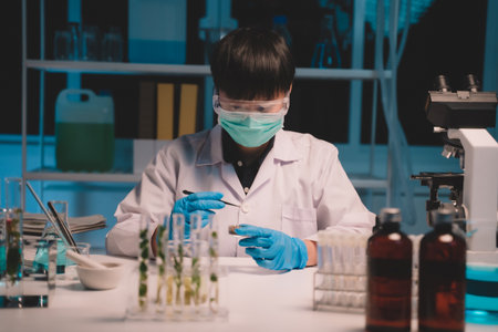 Scientists look at soil used to grow samples of an ecological skin care experiment in a nighttime lab development concept. Research with plants and scientific extraction in glassware. Green alternative herbal medicine for physical health careの写真素材