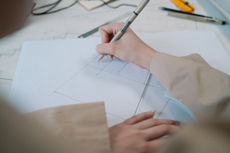 The professional in the construction industry uses advanced technology and skilled hands to design, creating a blend of craftsmanship and business acumen in their job as a worker.の写真素材