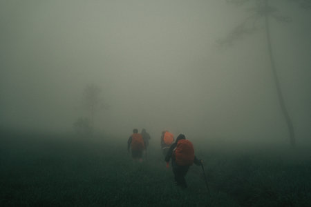 In the morning fog, a person walks through the misty forest, surrounded by green hills and mountains, as clouds drift above, blending seamlessly with nature's landscape.の写真素材