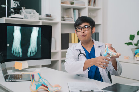 The doctor showed the patient an x-ray of the foot, using a model of the skeleton to explain the anatomy and bone structure, emphasizing the role of medicine in health.の写真素材