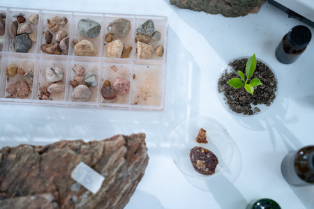 In the laboratory, research equipment rests on the table as scientists analyze rock samples, using advanced geology techniques to make groundbreaking discoveries in science.の写真素材