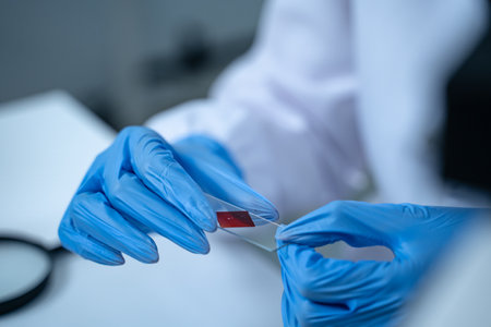 In the laboratory, blood is carefully dripped into test tubes for medical and biology research, with scientists conducting tests to advance medicine and scientific knowledge.の写真素材