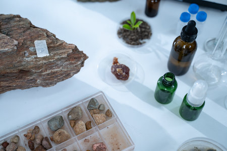 In the laboratory, research equipment rests on the table as scientists analyze rock samples, using advanced geology techniques to make groundbreaking discoveries in science.の写真素材