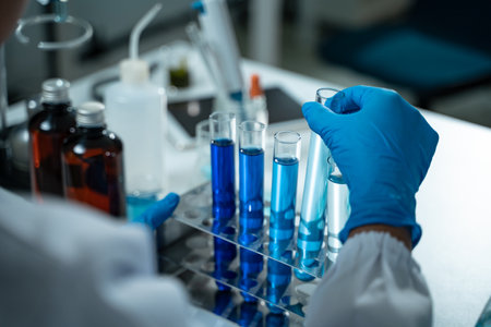 In the laboratory, a group of professional researchers gather around a chemical tube, checking samples for medical analysis and conducting chemistry experiments to ensure accurate results.の写真素材