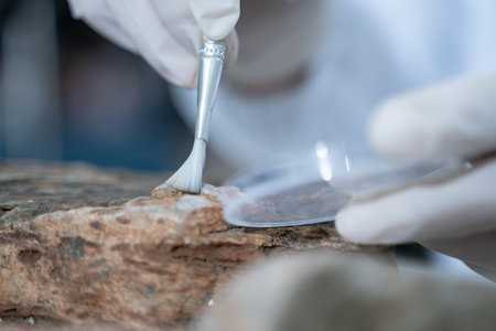 In the laboratory, research equipment rests on the table as scientists analyze rock samples, using...