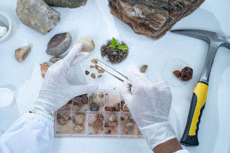In the laboratory, research equipment rests on the table as scientists analyze rock samples, using advanced geology techniques to make groundbreaking discoveries in science.の写真素材