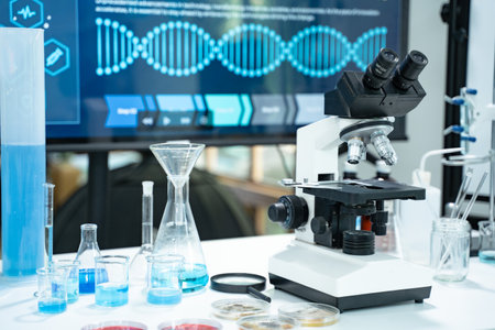 In the laboratory, chemistry equipment and biotechnology tools are carefully arranged for research, where scientists explore the chemical processes that drive medicine and science.の写真素材