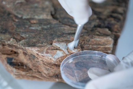 In the laboratory, research equipment rests on the table as scientists analyze rock samples, using advanced geology techniques to make groundbreaking discoveries in science.の写真素材