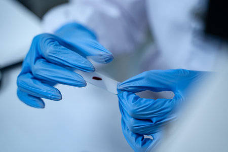 In the laboratory, blood is carefully dripped into test tubes for medical and biology research, with scientists conducting tests to advance medicine and scientific knowledge.の写真素材