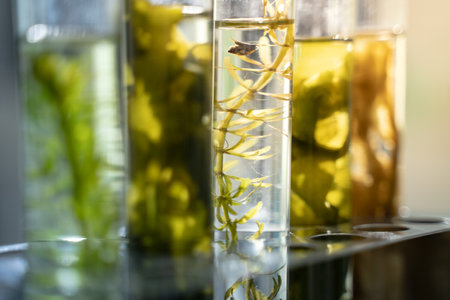 In the green laboratory, biology researchers conduct experiments on plant samples, using advanced equipment to test hypotheses and further their research in plant science.の写真素材