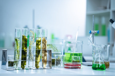 In the green laboratory, biology researchers conduct experiments on plant samples, using advanced equipment to test hypotheses and further their research in plant science.の写真素材