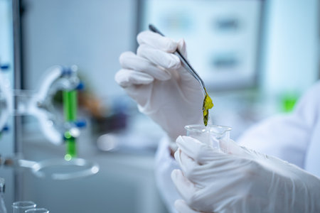 In the green laboratory, science and chemistry merge as biology experts conduct research, test each experiment carefully, and aim to improve global health.の写真素材
