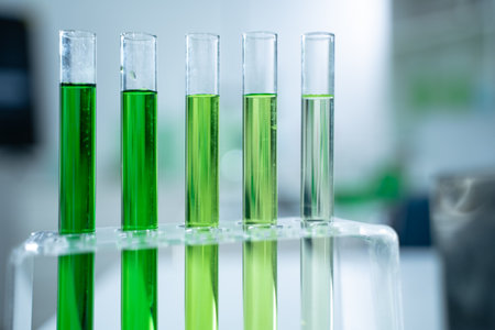 In the green laboratory, biology researchers conduct experiments on plant samples, using advanced equipment to test hypotheses and further their research in plant science.の写真素材