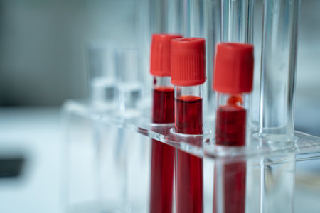 Laboratory research with blood sample in tube being dripped for medical test using liquid medicine under analysis to study results and improve scientific understandingの写真素材