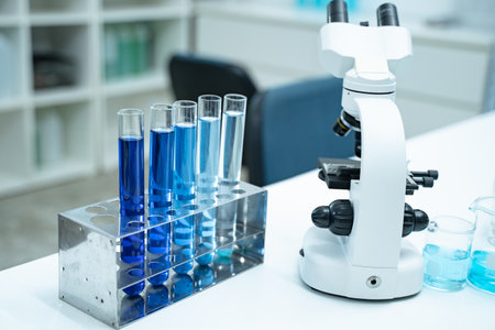 In the laboratory, chemistry equipment and biotechnology tools are carefully arranged for research, where scientists explore the chemical processes that drive medicine and science.の写真素材