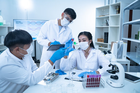 Laboratory research with blood sample in test tube for medical analysis related to health and...