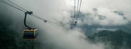 A cable car glides through the clouds above the mountain, offering stunning landscape views-an iconic mode of transport in travel, tour, and tourism adventures.の写真素材