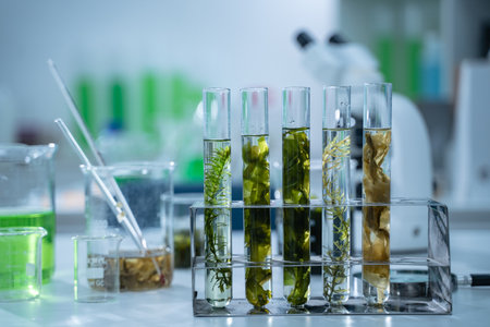 In the laboratory, research equipment rests on the table as scientists analyze rock samples, using...