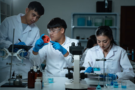 Multidisciplinary science students work in a modern lab analyzing microbial samples to support...