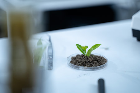 In the laboratory, research equipment rests on the table as scientists analyze samples, using...