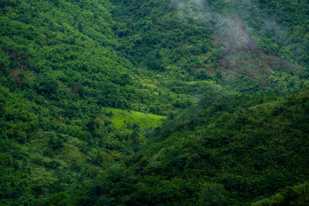 In the morning, the mountain landscape is veiled in a misty fog, with clouds drifting across the...