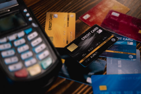 Customer using credit card for payment to owner business. cashless technology and credit card payment concept. through the internet for convenience.の写真素材