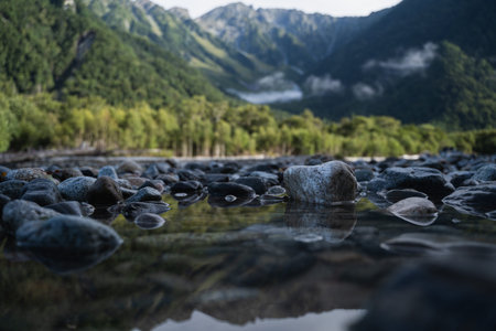 Across the green mountain landscape, a clear stream of water winds past every rock and through the...