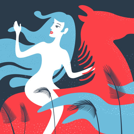 Vector Illustration The Girl On Red Horseの写真素材