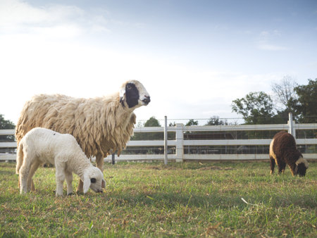 A cute young lamb standing by mother sheep in a field of grazing grass